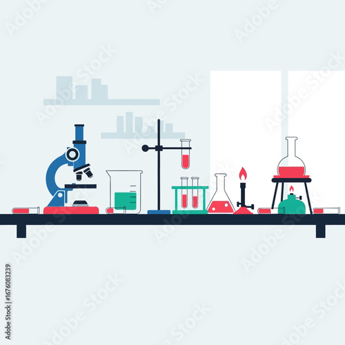 Science laboratory equipment illustration: microscope, beakers, flasks, test tubes, burner on a shelf.