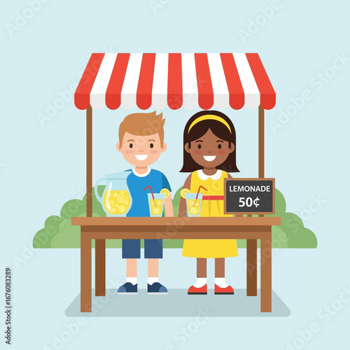 Two happy children, a boy and a girl, selling lemonade at a red and white striped stand on a sunny day.