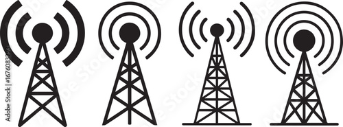 "Black and white communication tower icons with wireless signal waves, vector illustration of radio antenna transmitting data, mobile network broadcast and telecommunication design"