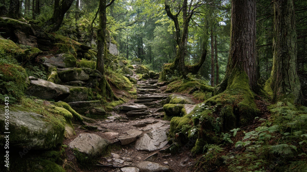 Obraz premium Ancient Forest Trail with Broken Stone Pathway Surrounded by Trees