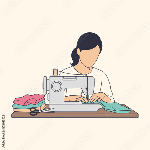 A woman sits at a table sewing with a sewing machine.