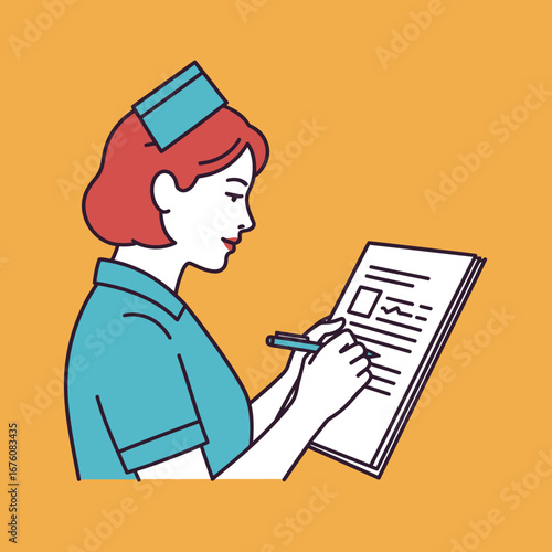 A nurse in uniform writing on a clipboard, possibly taking notes or filling out a form.