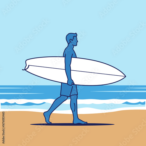 A man in profile walks along a sandy beach carrying a surfboard, with gentle waves rolling in on a clear day.