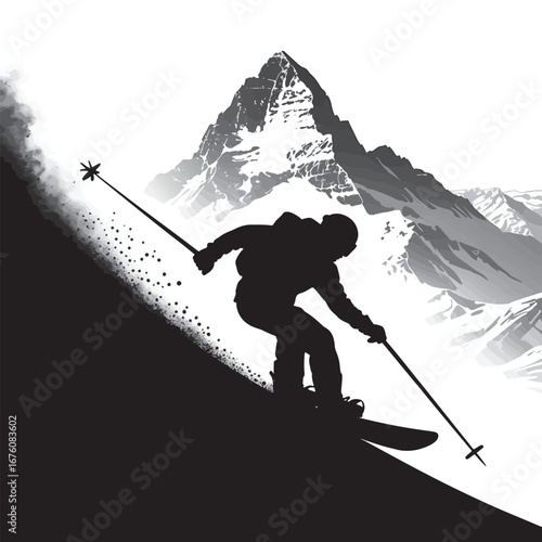 Silhouette of a Skier Descending a Mountain Slope with Snow Spray and Mountainscape Background in Black and White