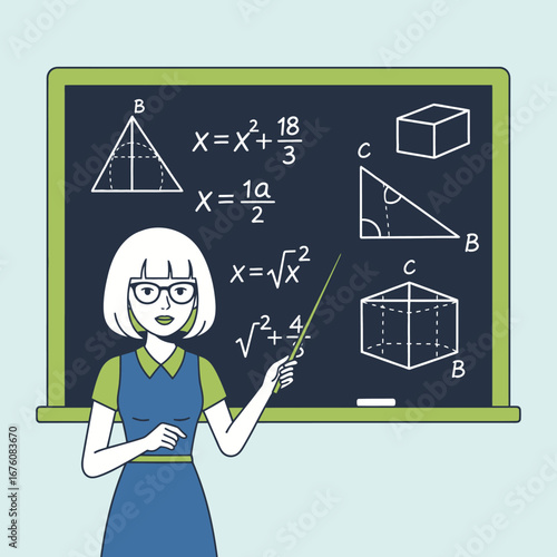 A female teacher with glasses points to a blackboard with mathematical formulas and geometric shapes.