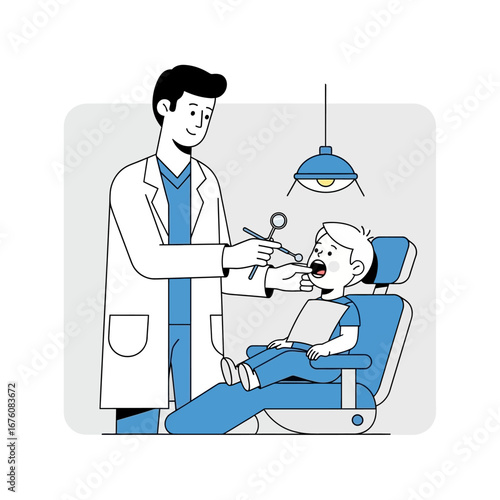 A male dentist in a white coat examining a young boy's teeth in a dental chair with tools and a lamp.