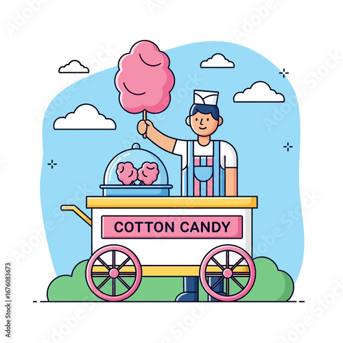 A cheerful illustration of a cotton candy vendor standing next to his cart, offering a sweet treat.