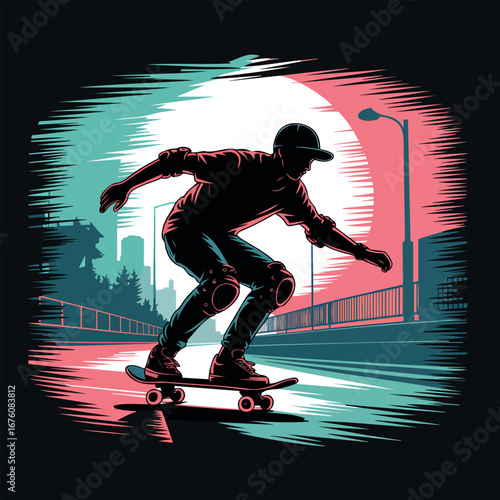 Skateboarder cruising city streets at dusk with protective gear illustration vector design poster style urban landscape