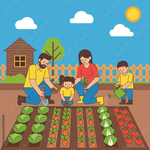 A family gardening together in a backyard garden.