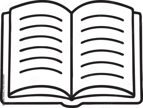 Open book icon in black outline style with horizontal text lines, vector illustration for reading, education, and literary themes