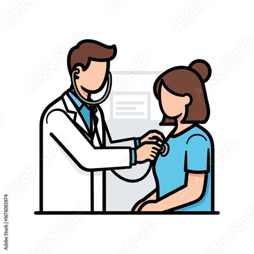 A male doctor in a white coat uses a stethoscope to examine a female patient during a medical consultation.