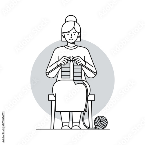 Illustration of a woman knitting while sitting on a chair with a ball of yarn.