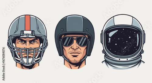 Three Helmeted Figures: Sport, Road, Space