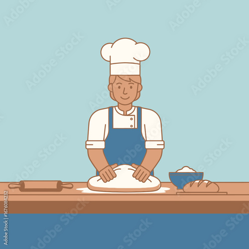 A baker in a white chef's hat and apron is kneading dough on a wooden table.
