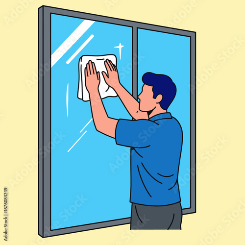 An illustration of a man in a blue shirt cleaning a large glass window with a white cloth, representing a household chore.