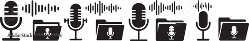 "Black and white microphone and audio recording icons with sound wave symbols, vector illustration of podcast equipment, voice recording, music studio tools and digital communication design"