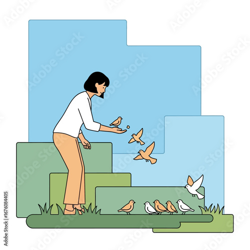 Woman feeding birds in a peaceful outdoor scene, illustrated with simple graphics.