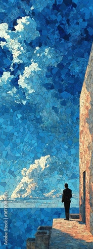 Silhouette of a Man Gazing at a Blue Seascape from a Stone Structure