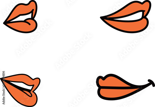 Set of Cartoon Mouths and Lips in Various Expressions. Orange and Black Lips with Different Smiles and Poses.