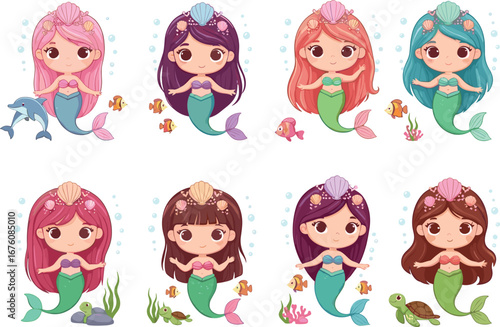 Cartoon Mermaid Characters, Cute Mermaids with Different Hair Colors, Underwater Scene, Fish, Dolphin, Turtle, Coral, Fun Mermaid Illustrations, Ocean Life