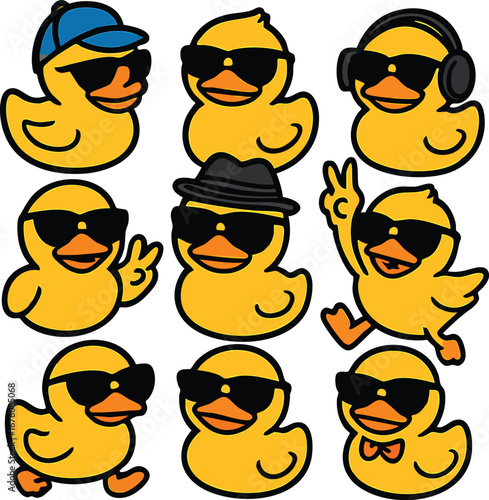 Cool rubber duck icon set with sunglasses, hats, peace signs, and playful poses in cartoon vector for fun and novelty design
