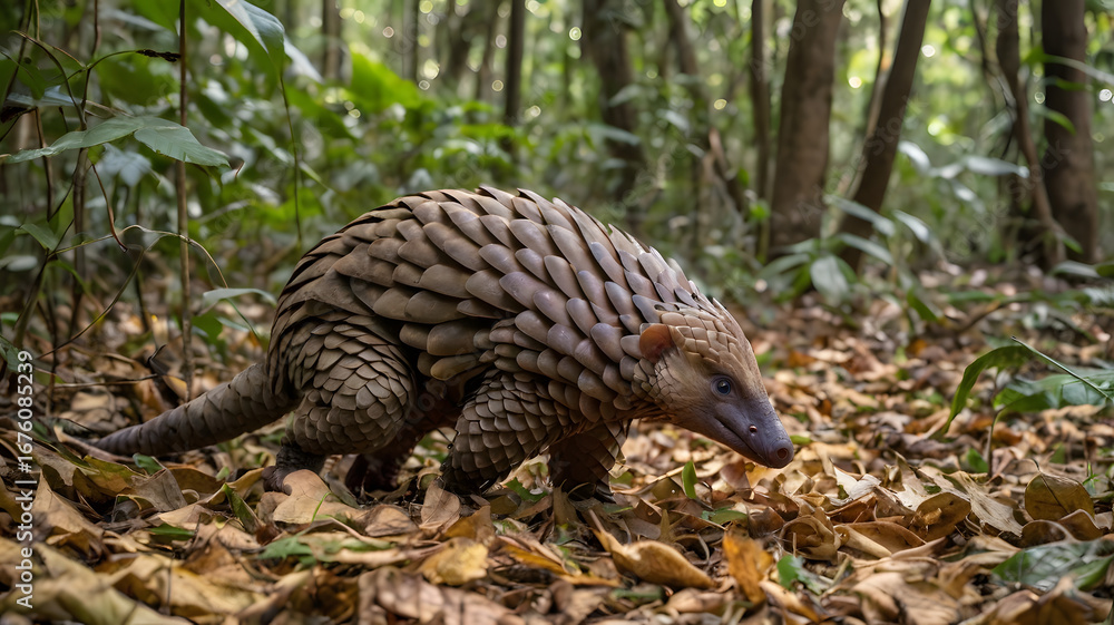 Fototapeta premium A mother pangolin carefully carries her young on her back as they slowly move through dense undergrowth covered in fallen leaves. 
