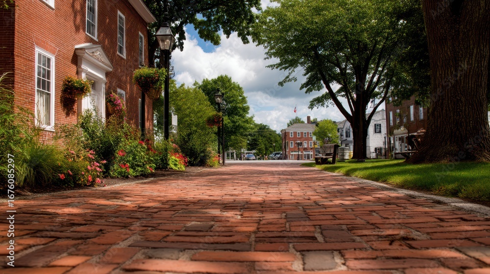 Fototapeta premium Charming Brick Walkway in Colonial Town Square with Lush Greenery