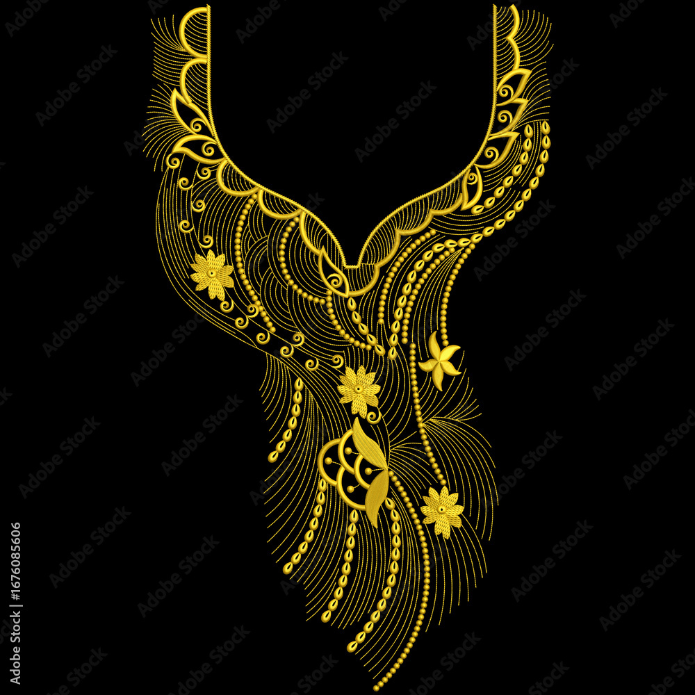 Obraz premium Indian traditional artwork embroidery Neckline design illustrated Multi ethnic flowers and leafs leaves with trendy embroidered ornaments and motifs Bunches.