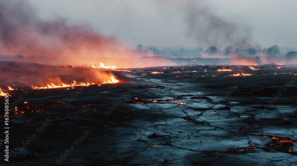 Fototapeta premium Scorched Battlefield with Burning Ground and Cracked Earth in Dusk Light