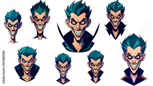 Sinister Comic Book Villain Character, Menacing Grin with Colorful Teeth, Bold Asymmetrical Design, High Resolution Vector Illustration