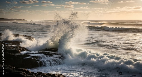 Powerful Ocean Waves Crashing Against Rocky Coastline at Sunrise