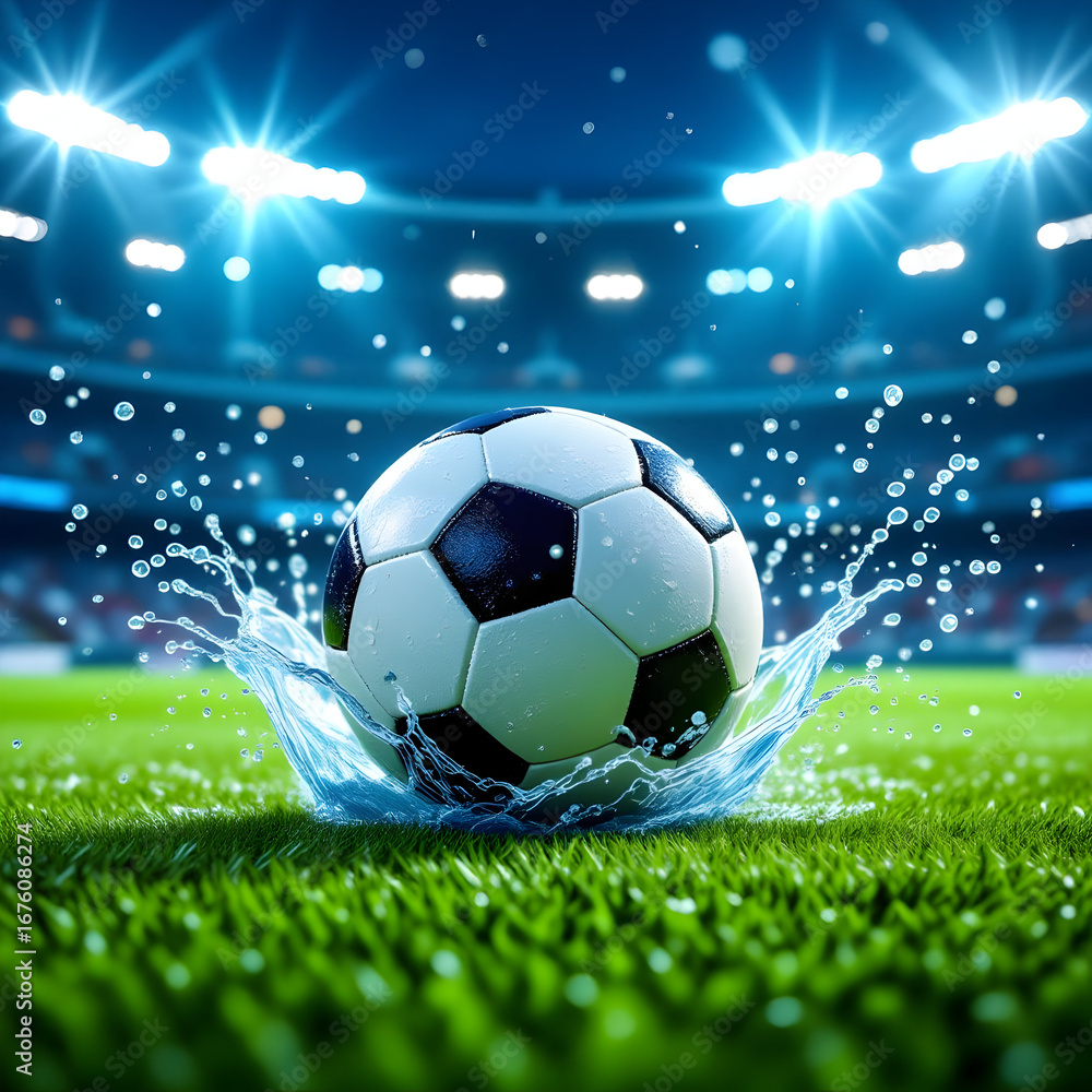 Fototapeta premium Soccer ball splashing water on a vibrant green field under stadium lights football water splash