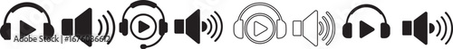 "Black and white audio play icons with speaker sound wave symbols, vector illustration representing music streaming, digital media playback, podcast broadcasting and online audio technology"