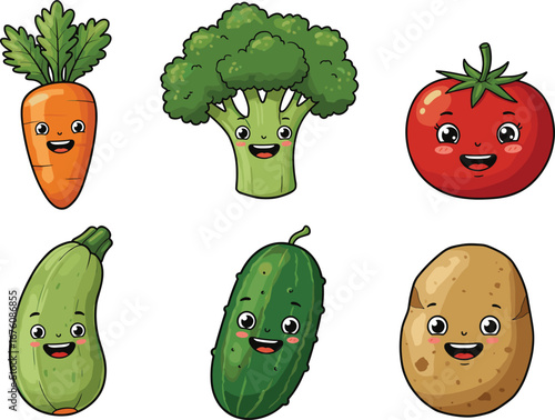 Cute Cartoon Vegetables, Carrot, Tomato, Broccoli, Cucumber, Zucchini, Potato, Happy Veggies, Funny Vegetable Illustrations, Healthy Food, Organic Vegetables