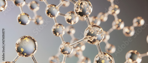 A close-up shot of interconnected molecules, showcasing their intricate structure with clear spheres representing atoms, reflecting light