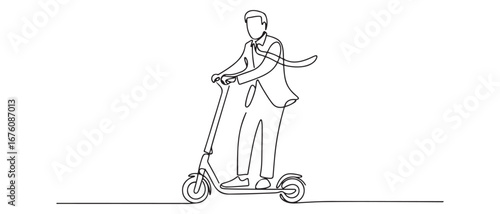 One continuous line drawing of young happy businessman ride electric scooter to go to company. Green transportation. Future urban lifestyle concept. Vector black silhouette. with white background