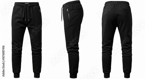 Black Jogger Pants: Front Side and Back Views on White Background.