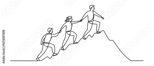 Continuous one line drawing group of people man woman helping each other hike up a mountain. Business, success, leadership, achievement and goal concept. Vector black silhouette. with white background