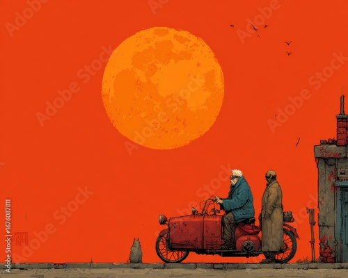 Two Figures on a Red Motorcycle at Sunset, Pixel Art Illustration