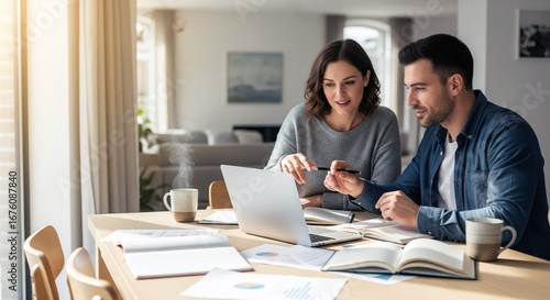 a couple doing taxes at home, working on a laptop, financial planning