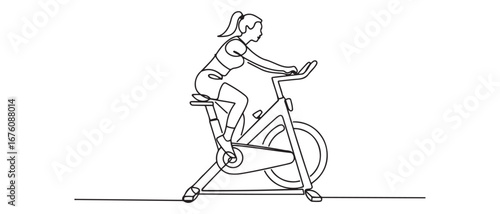 Single continuous line drawing of young sportive woman training endurance with static bike in sport gymnasium club center. Fitness stretching concept. Vector black silhouette. with white background