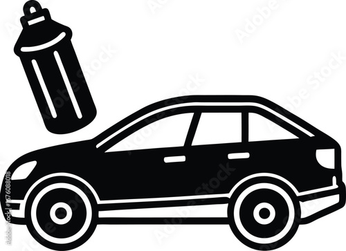 Vector art of black and white illustration of a spray can spraying a car