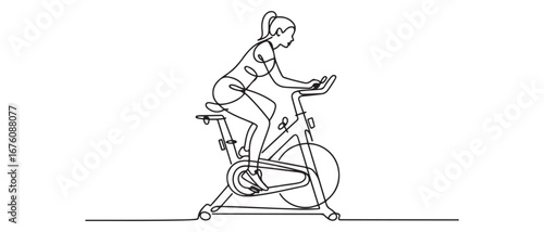 Single continuous line drawing of young sportive woman training endurance with static bike in sport gymnasium club center. Fitness stretching concept. Vector black silhouette. with white background