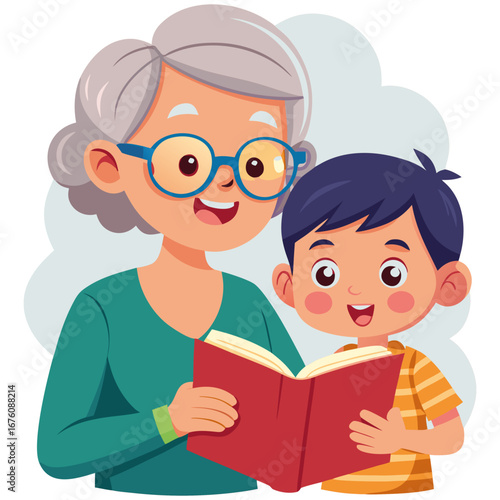 Grandmother Reading a Book to Her Grandson with Joyful Expression.
