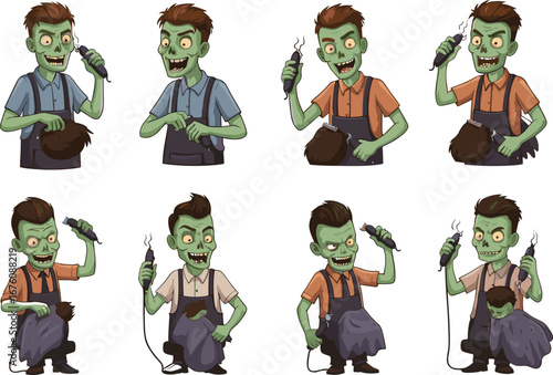 Zombie barber cartoon illustration, horror haircut scenes, spooky character design, undead hairstylist concept, vector graphic set, creepy salon action