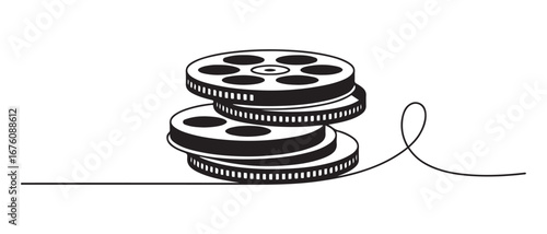 Single continuous line drawing stack of retro old classic cinema video film reels. Vector black silhouette. with white background