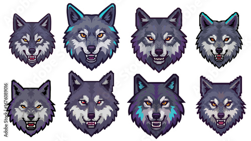 Retro Pixel Art Wolf Head, 8-Bit Game Sprite with Cyan and Purple Palette, Vector Game Asset