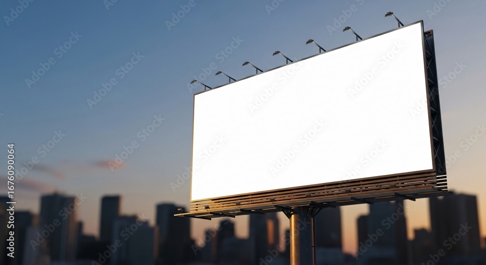 Fototapeta premium Blank White Billboard Mockup with City Skyline at Dusk.