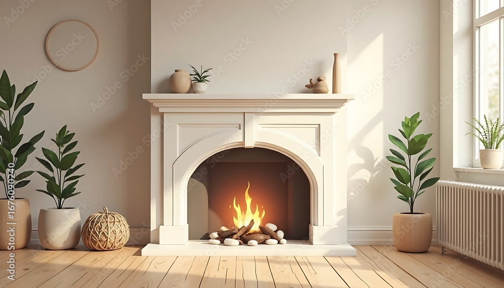 Naklejka premium Cozy Fireplace Scene with Plants and Natural Light Interior Design