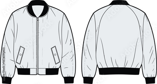 bomber jacket technical flat sketch, ribbed collar cuffs waistband, front and back garment drawing, zipper closure, flap pockets, raglan sleeve design